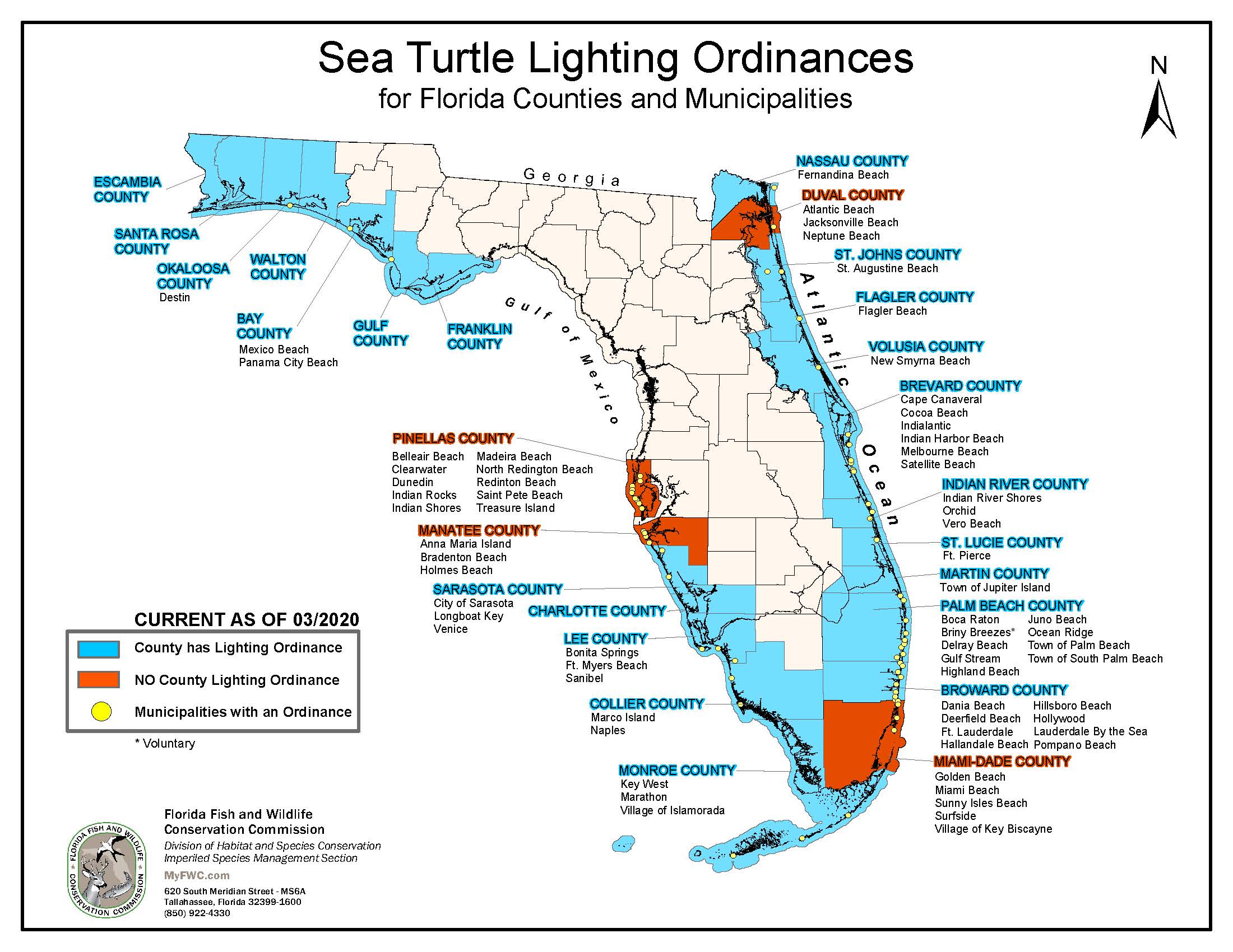 Sea turtle lighting ordinances for Florida counties and municipalities