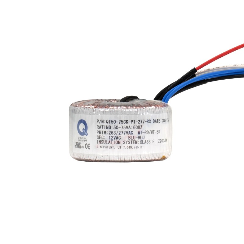 50-75 Watt low voltage magnetic transformer for 120V or 277V input and 12V output. Boasts Class F insulation, silent operation, auto-reset thermal protection, multi-tap voltage compensation, and dimmability with appropriate magnetic dimmers.